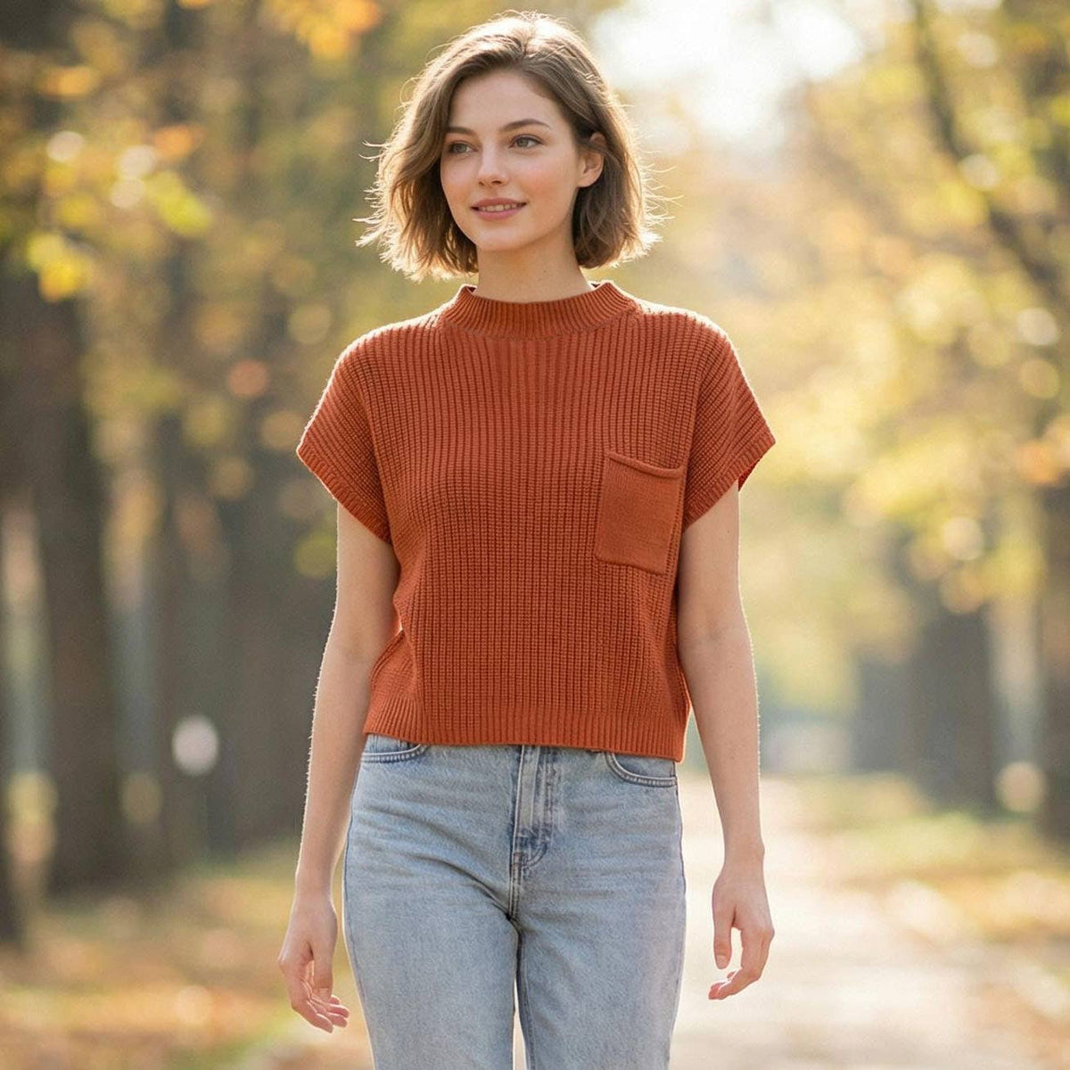 Mock Neck SS Sweater: Rust