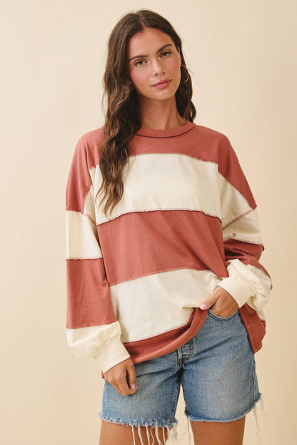 Oversized Color Block Pullover/Terracotta