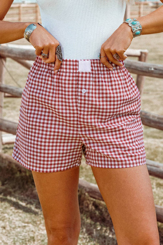 Plaid Printed High Waist Shorts/Red