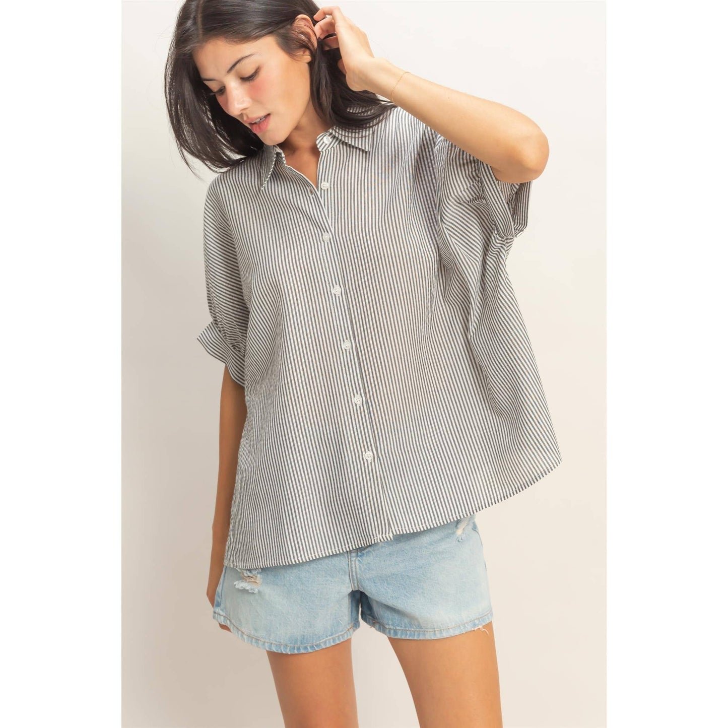 Striped Short Sleeve Blouse: Blk