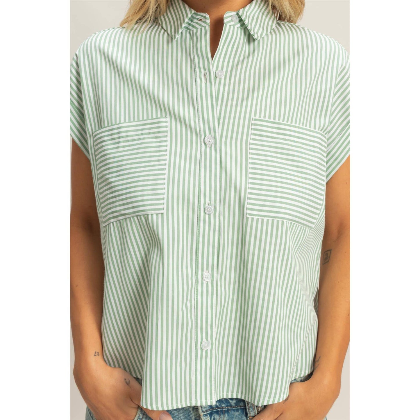 Button-Up Striped Shirt- Sage