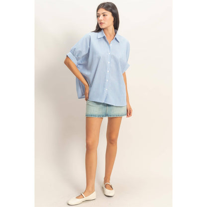 Striped Short Sleeve Blouse: Blue