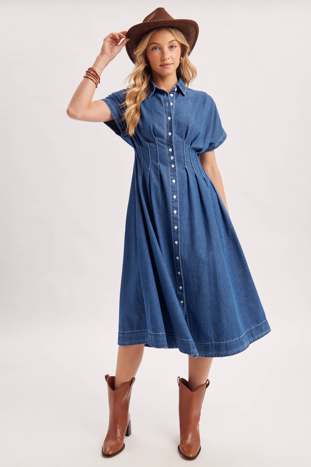Button Down Pleated Waist Denim Dress