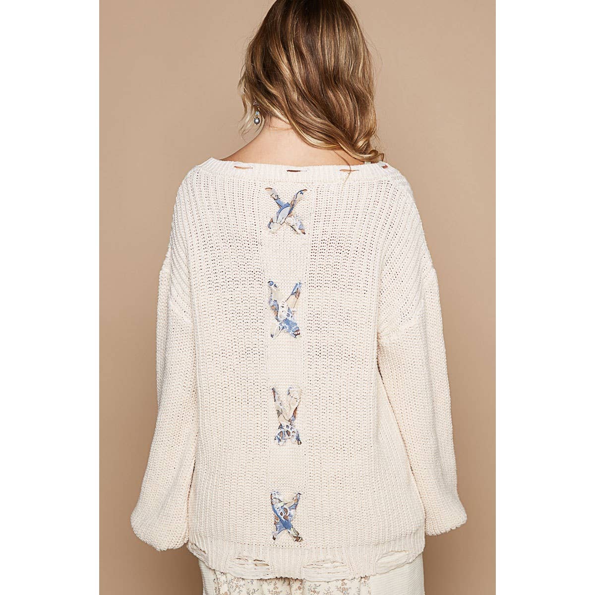 Distressed Pearl/Back Cross Sweater