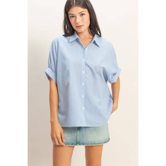 Striped Short Sleeve Blouse: Blue