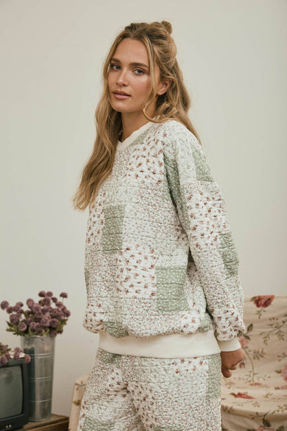 Quilted Floral Sweater- Olive