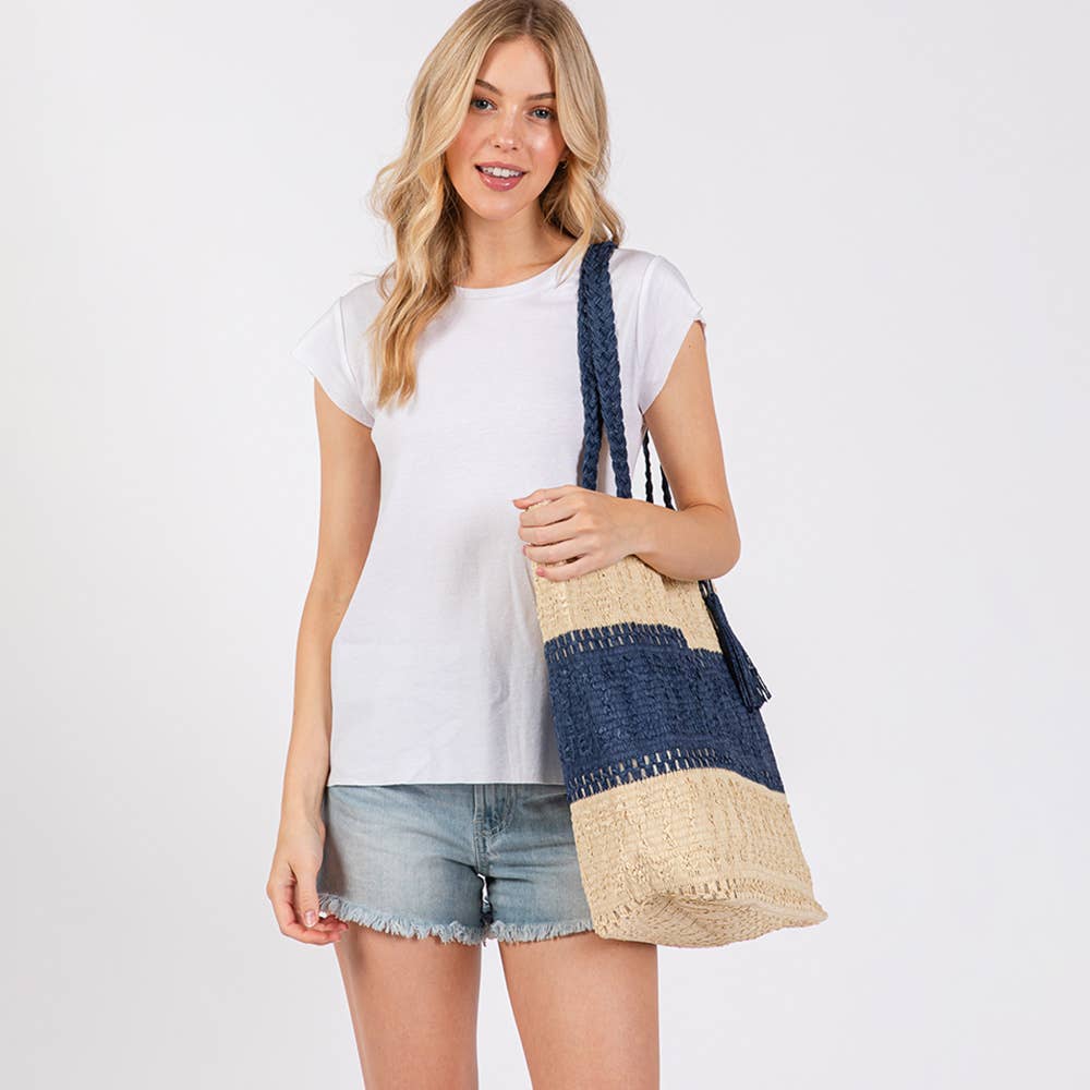 Straw Tote Bag  Navy