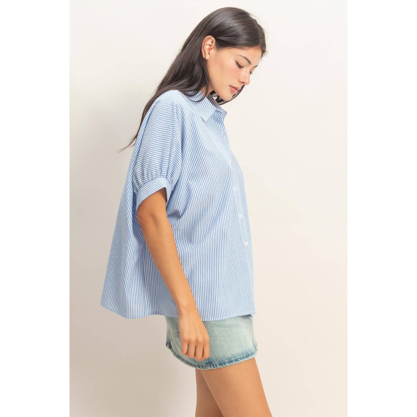 Striped Short Sleeve Blouse: Blue