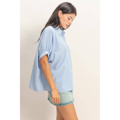 Striped Short Sleeve Blouse: Blue