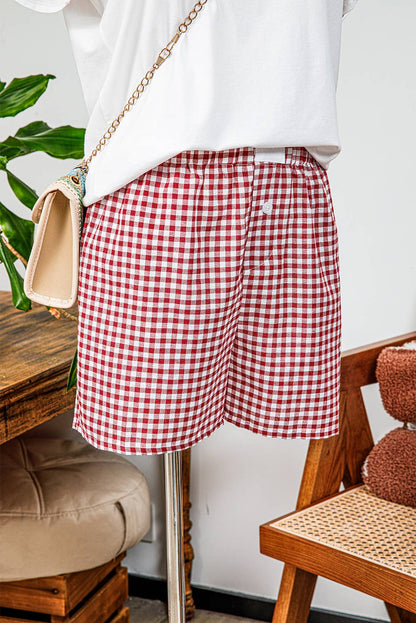 Plaid Printed High Waist Shorts/Red