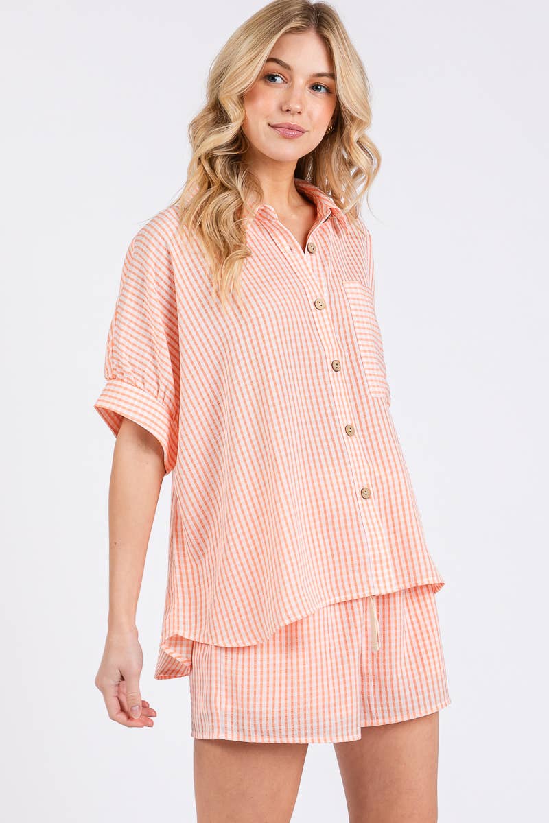 CHECKER BUTTON DOWN TOP & SHORTS SET PEACH