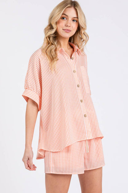CHECKER BUTTON DOWN TOP & SHORTS SET PEACH