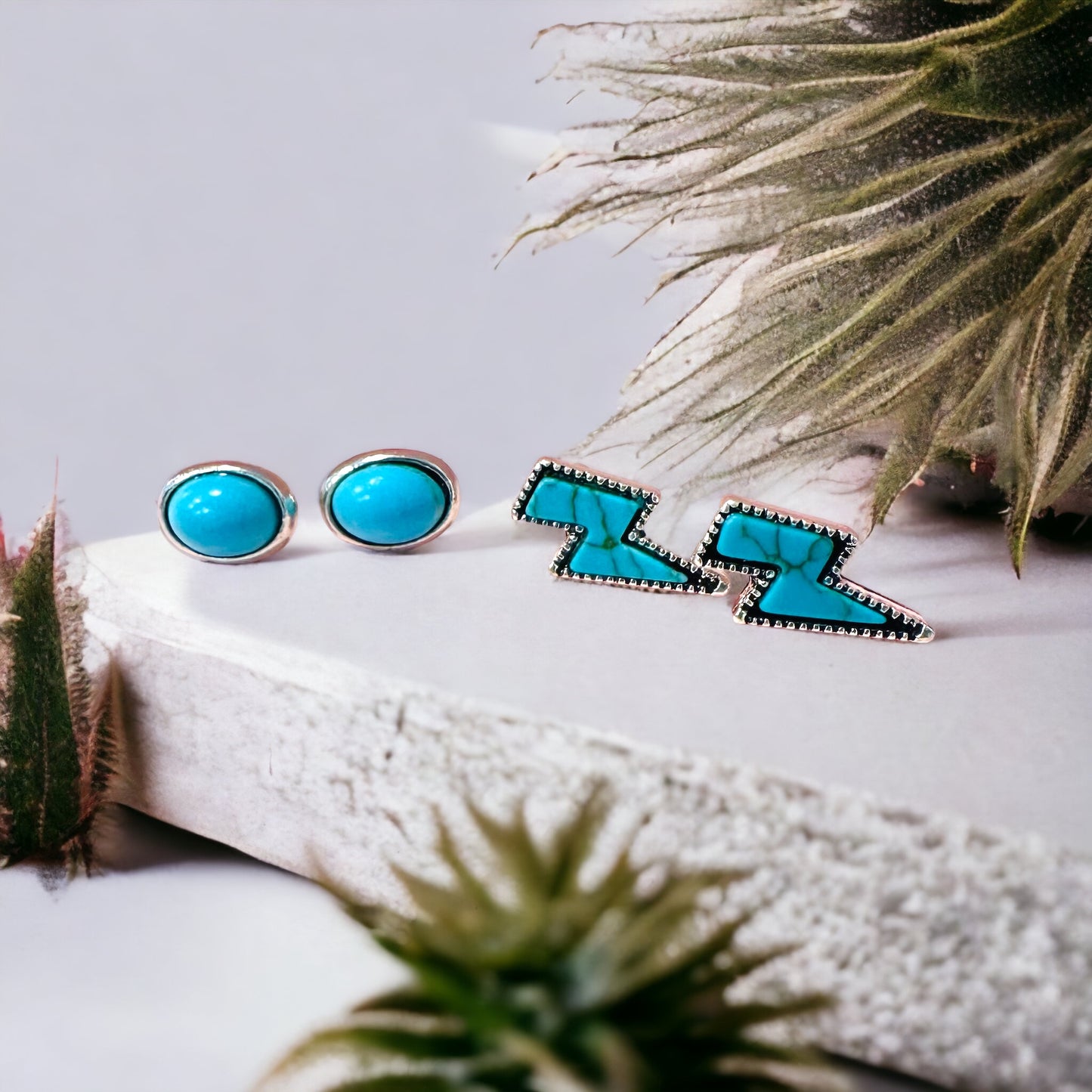 Turquoise Lightning Bolt & Oval Stud Set