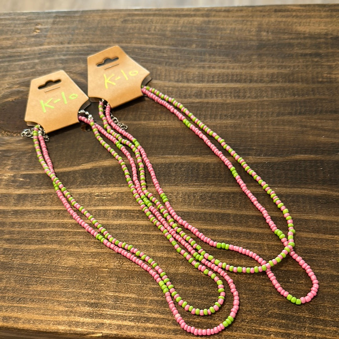 Beaded Pink & Green Necklace Set