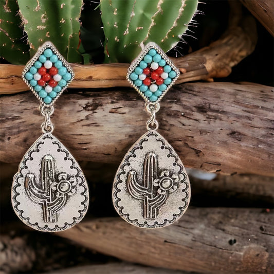 Cactus Beaded Teardrop Earrings