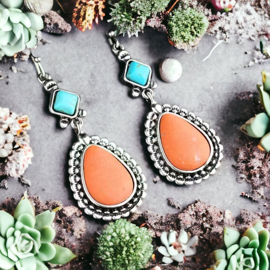 Turquoise & Orange Stone Earrings