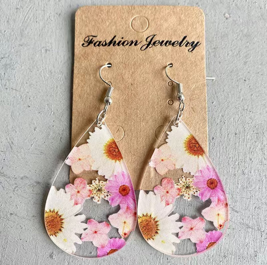 Boho Pink/Cream Acrylic Flower earrings