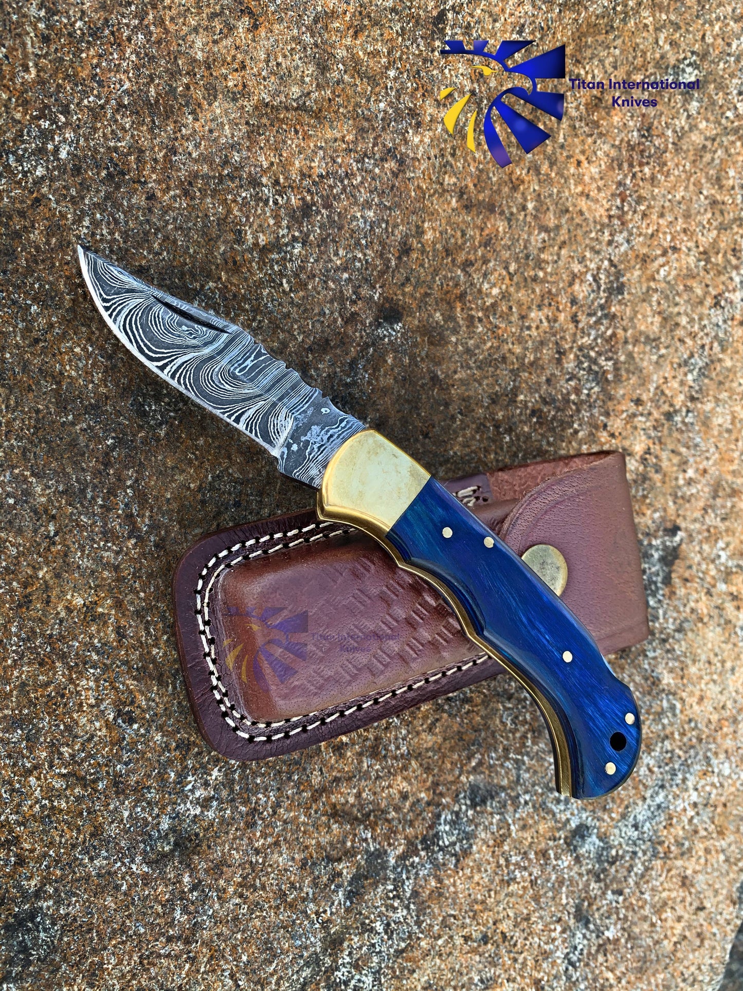 Diamond Willow wood folding Damascus knife with leather sheath