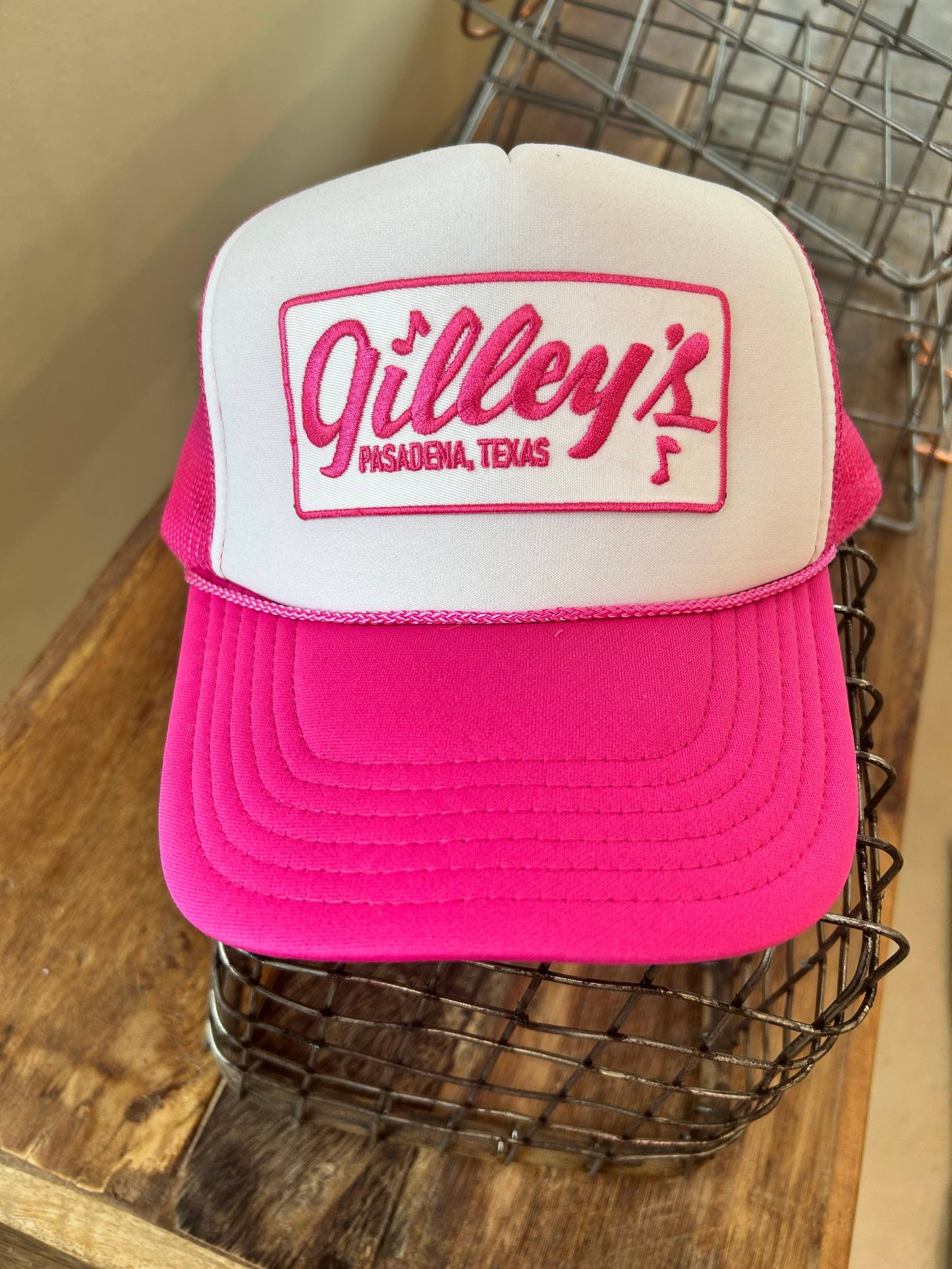 Pink Gilleys Patch on White and Pink Foam Trucker